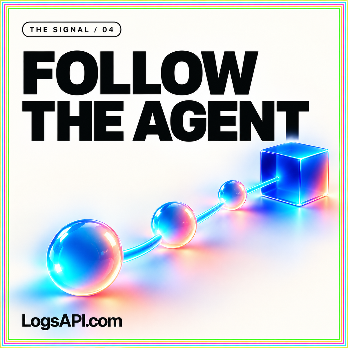 Follow the Agent neon card with connected glass nodes and a blue cube.