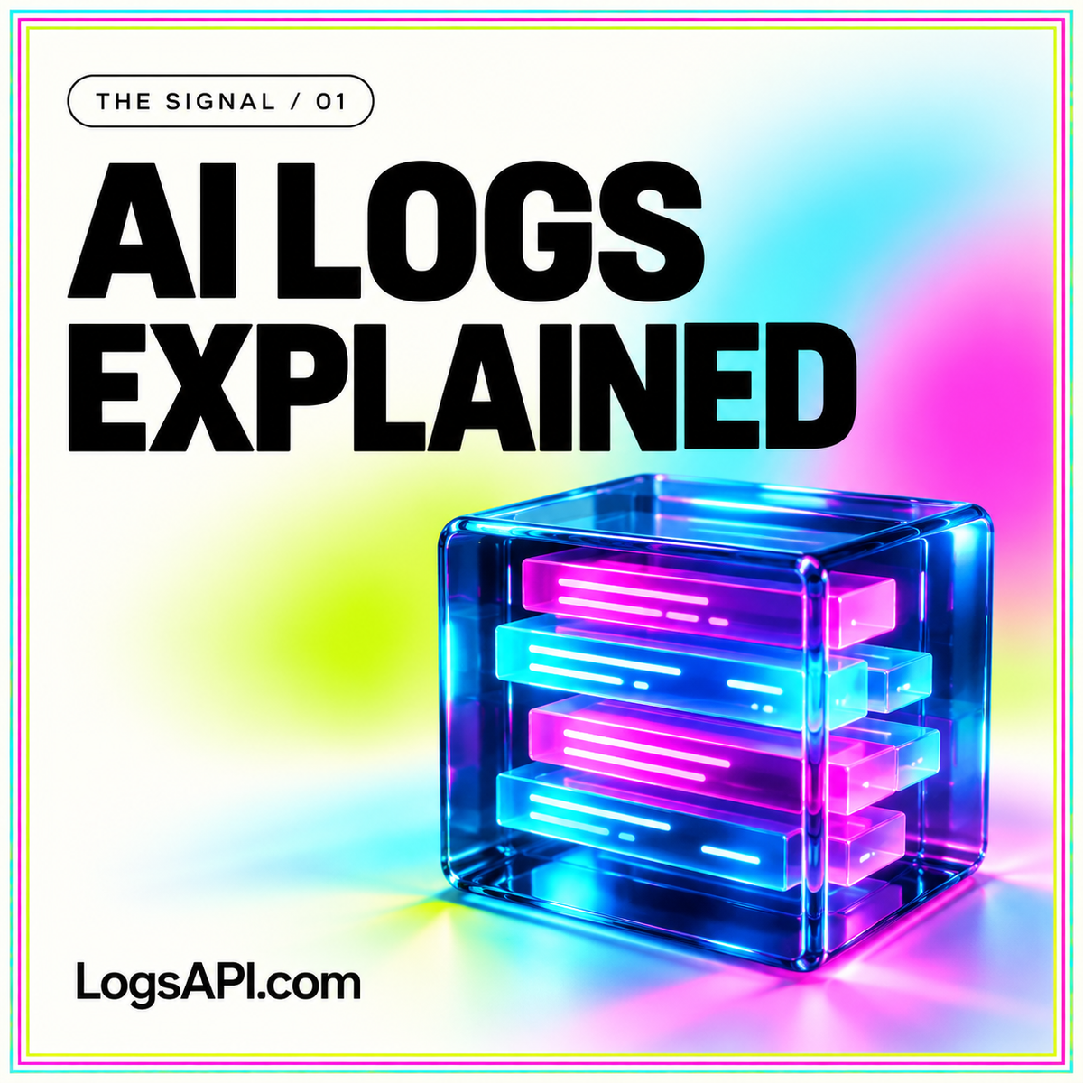 AI Logs Explained neon card with a glass event cube and LogsAPI.com branding.