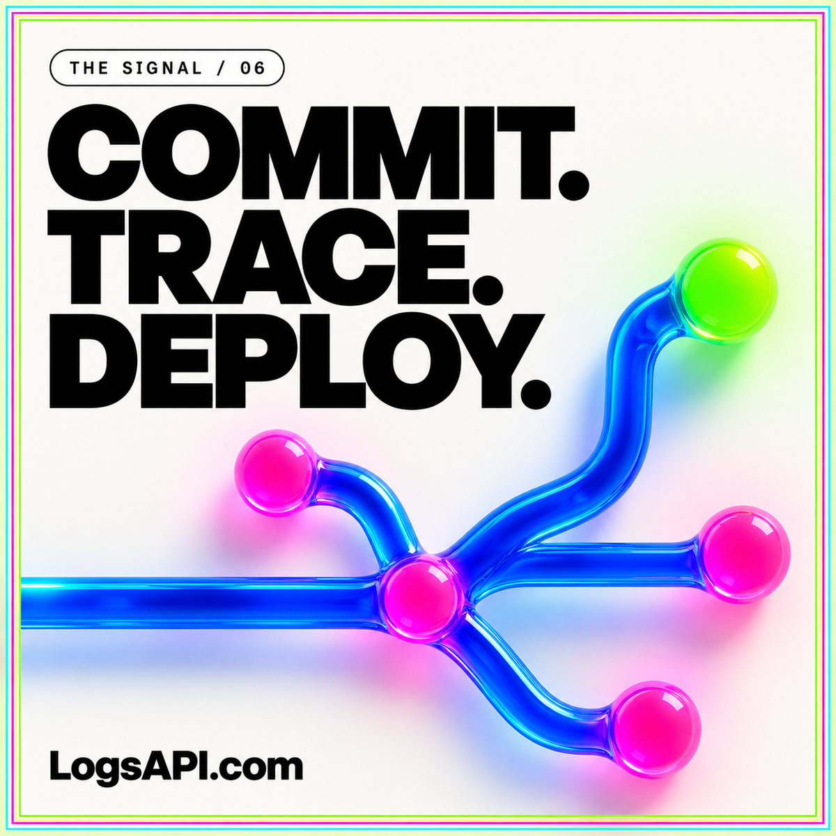 Commit. Trace. Deploy. neon card with a blue branching sculpture and pink nodes.