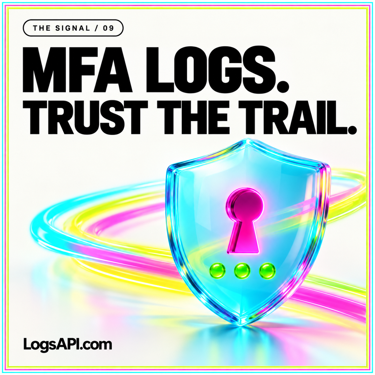 MFA Logs. Trust the Trail. neon card with a cyan glass shield and three lime nodes.