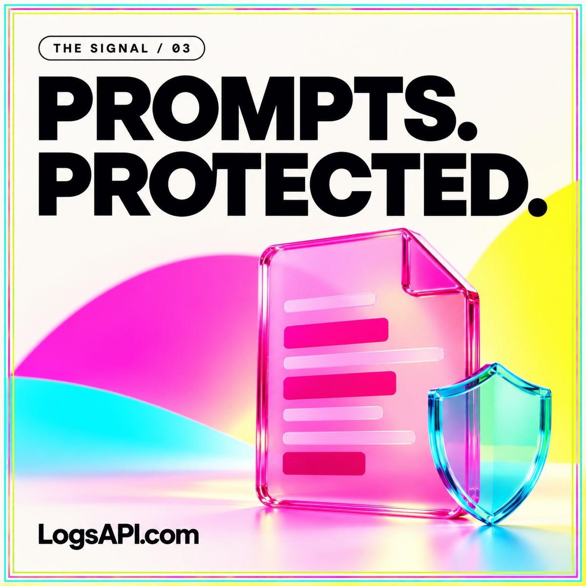 Prompts. Protected. neon card with a glass document and cyan shield.