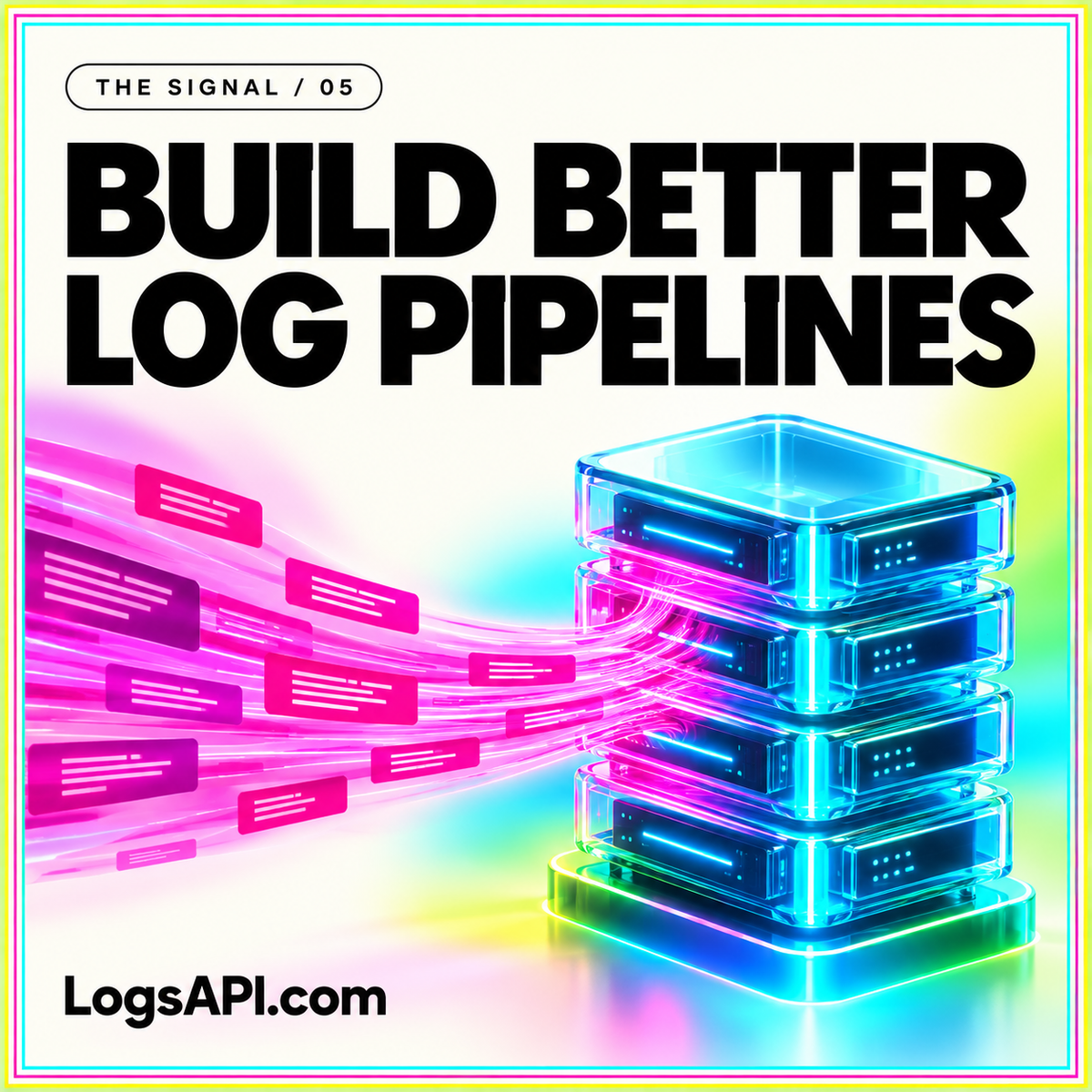 Build Better Log Pipelines neon card with event strips entering a glass server stack.