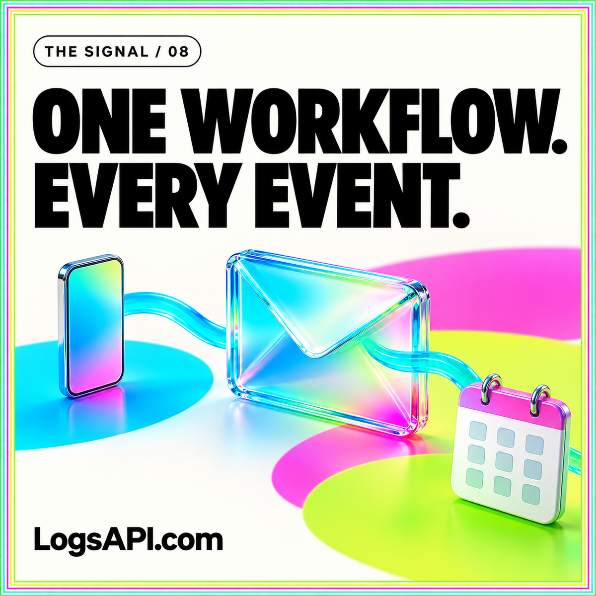One Workflow. Every Event. neon card with a connected phone, envelope, and calendar.